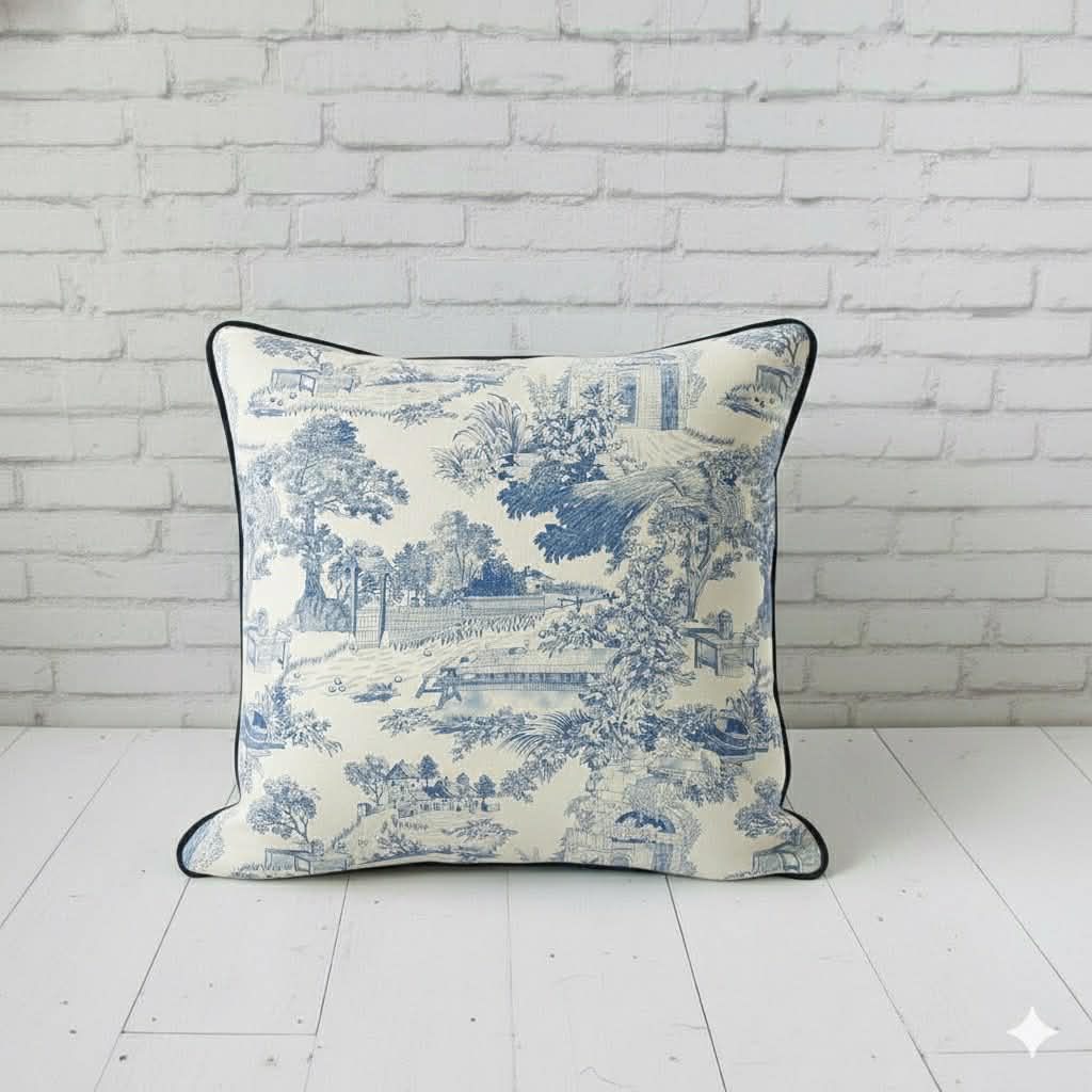 Campagne Bleue French Twill Cotton Cushion Cover | 16×16 Inch