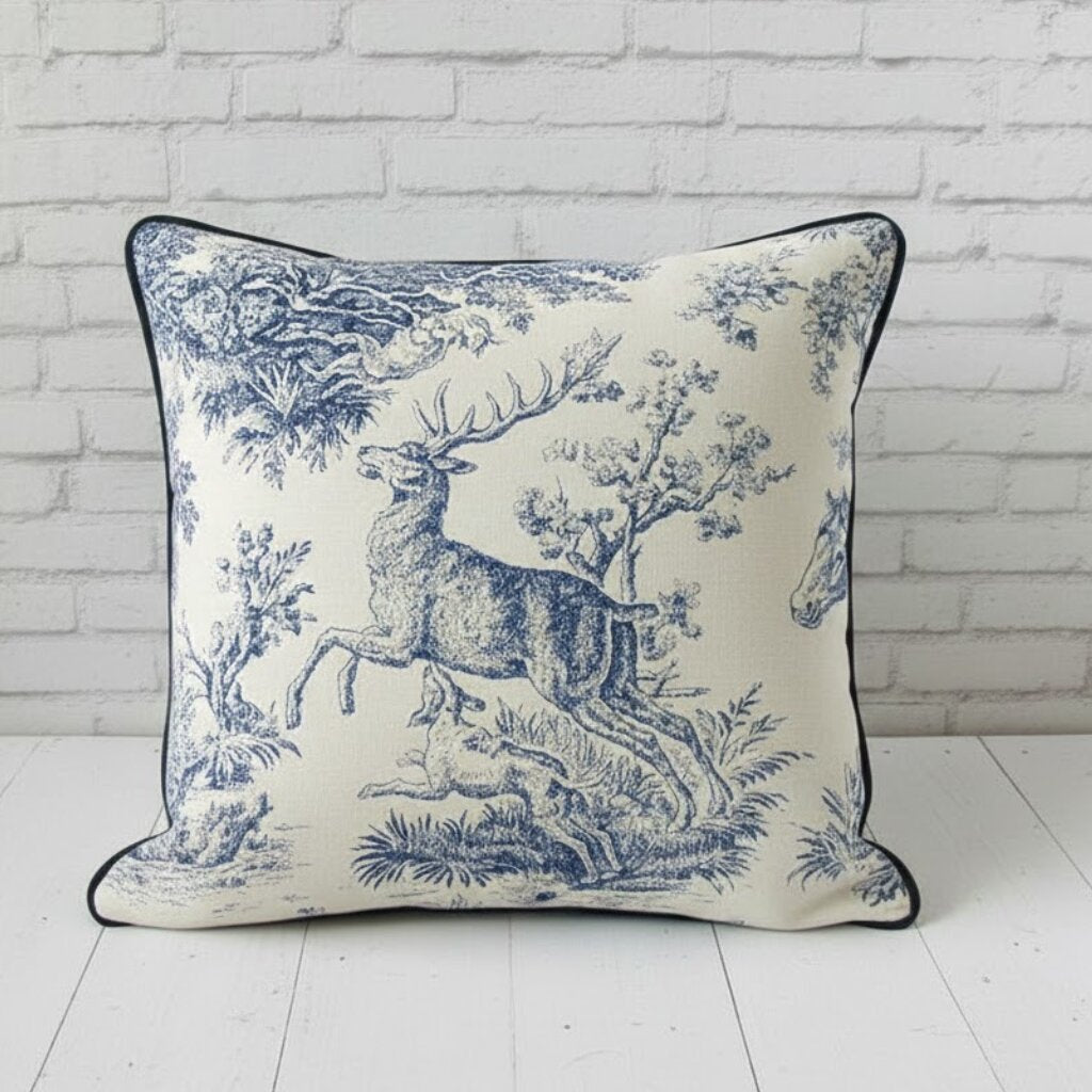 Cerf Bleu French Twill Cotton Cushion Cover | 16×16 Inch