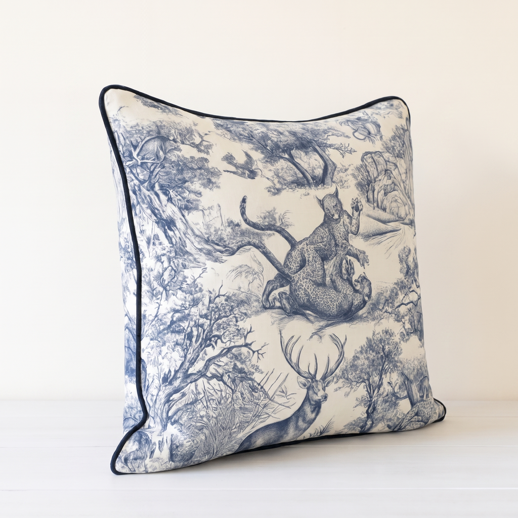 Bleu Léopard French Twill Cotton Cushion Cover | 16×16 Inch |