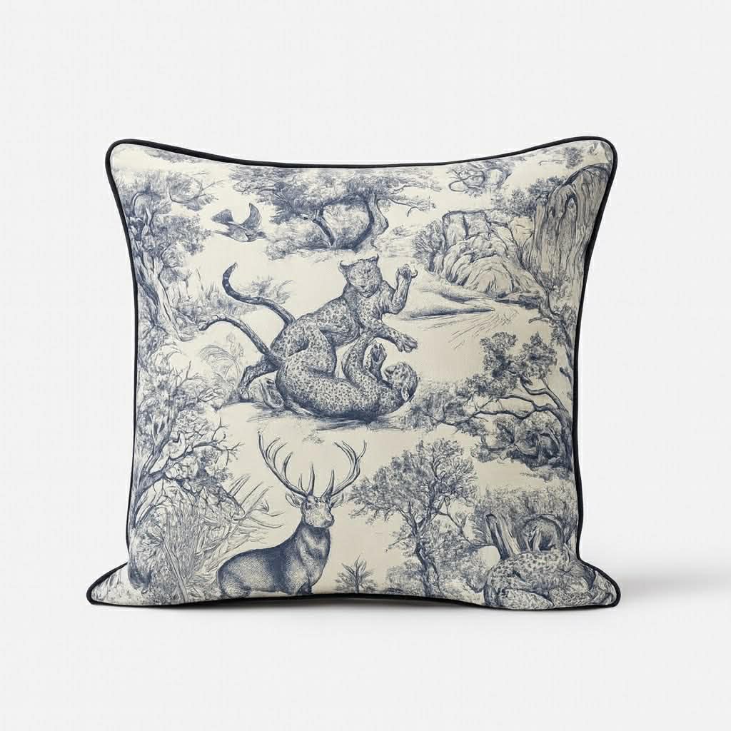 Bleu Léopard French Twill Cotton Cushion Cover | 16×16 Inch |